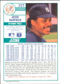 1989 Score Rookie & Traded #22T Jesse Barfield Back