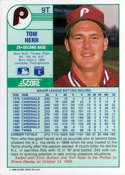 1989 Score Rookie & Traded #9T Tom Herr Back