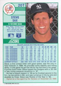 1989 Score Rookie & Traded #20T Steve Sax Back