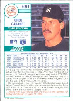 1989 Score Rookie & Traded #69T Greg Cadaret Back