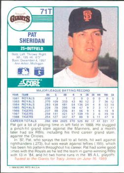 1989 Score Rookie & Traded #71T Pat Sheridan Back