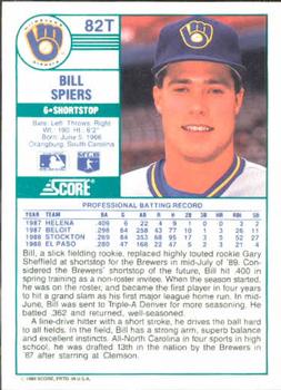 1989 Score Rookie & Traded #82T Bill Spiers Back