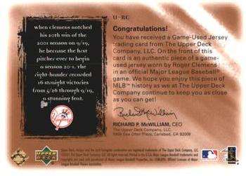 2001 Upper Deck Ultimate Collection - Game Jersey Copper #URC Roger Clemens  Back