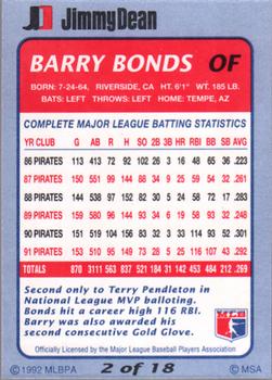 1992 Jimmy Dean #2 Barry Bonds Back