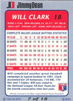 1992 Jimmy Dean #7 Will Clark Back