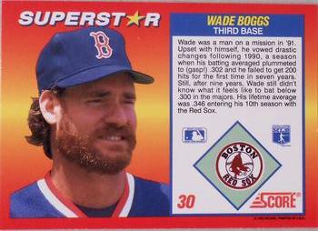 1992 Score 100 Superstars #30 Wade Boggs Back