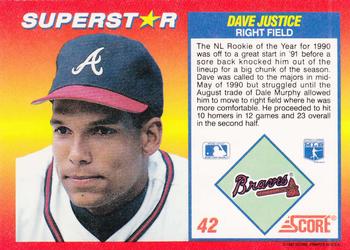 1992 Score 100 Superstars #42 Dave Justice Back