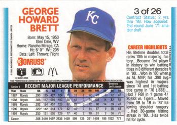 1992 Donruss McDonald's MVP #3 George Brett Back