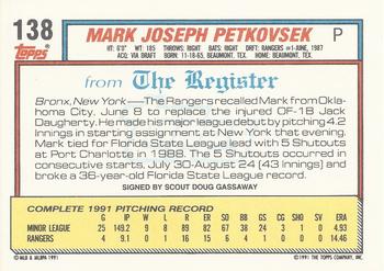 1992 Topps Major League Debut 1991 #138 Mark Petkovsek Back