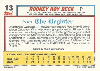 1992 Topps Major League Debut 1991 #13 Rod Beck Back