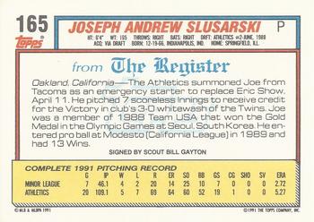 1992 Topps Major League Debut 1991 #165 Joe Slusarski Back
