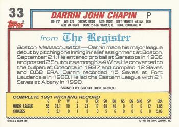 1992 Topps Major League Debut 1991 #33 Darrin Chapin Back