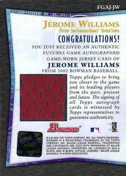 2002 Bowman - Futures Game Autograph Relics #FGAJ-JW Jerome Williams Back