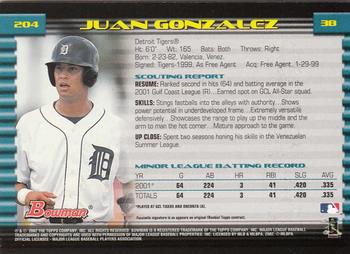2002 Bowman - Gold #204 Juan Gonzalez Back