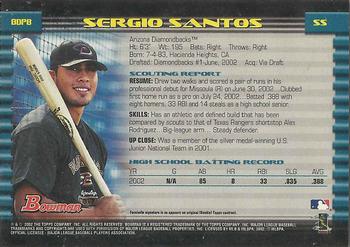 2002 Bowman Draft Picks & Prospects - Gold #BDP8 Sergio Santos  Back