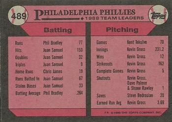 1989 Topps #489 Phillies Leaders Back
