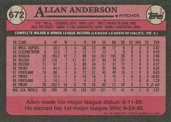 1989 Topps #672 Allan Anderson Back