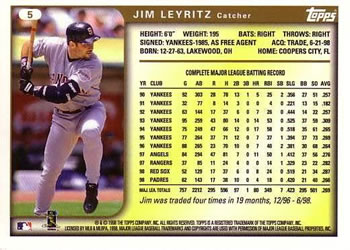 1999 Topps #5 Jim Leyritz Back