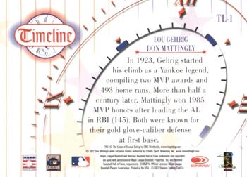 2002 Donruss Diamond Kings - Timeline #TL-1 Lou Gehrig / Don Mattingly  Back