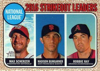 2017 Topps Heritage #11 2016 N.L. Strikeout Leaders (Max Scherzer / Madison Bumgarner / Robbie Ray) Front