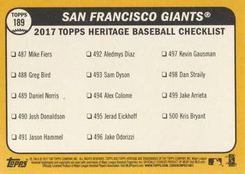 2017 Topps Heritage #189 San Francisco Giants Back