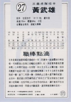 1991 Chiclets CPBL #171 Wu-Shiung Huang Back