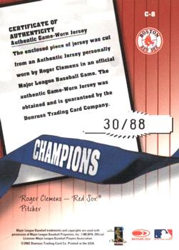 2002 Donruss Originals - Champions Materials #C-8 Roger Clemens Back