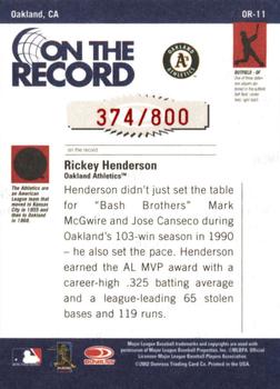 2002 Donruss Originals - On The Record #OR-11 Rickey Henderson  Back