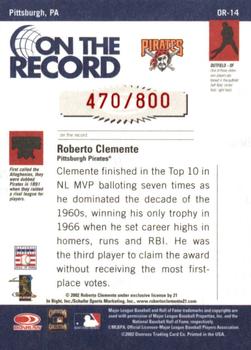 2002 Donruss Originals - On The Record #OR-14 Roberto Clemente  Back