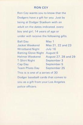 1982 Los Angeles Dodgers Police #NNO Ron Cey Back