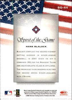 2002 Donruss Studio - Spirit of the Game #SG-44 Hank Blalock  Back