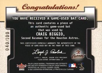2002 Flair - Power Tools Bats Gold #NNO Craig Biggio  Back