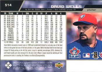 1999 Upper Deck #514 David Wells Back