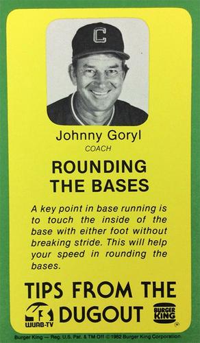 1982 Burger King Cleveland Indians #NNO Johnny Goryl Front