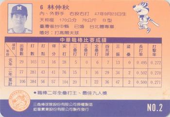 1992 Chu Tung Mercuries Tigers #2 Chung-Chiu Lin Back