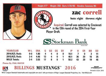 2016 Grandstand Billings Mustangs #NNO Zac Correll Back