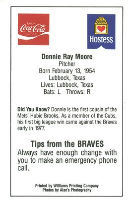 1984 Atlanta PAL Coca-Cola Atlanta Braves #NNO Donnie Moore Back