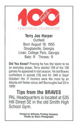 1986 Atlanta Braves Police #NNO Terry Harper Back