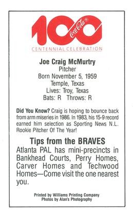 1986 Atlanta Braves Police #NNO Craig McMurtry Back