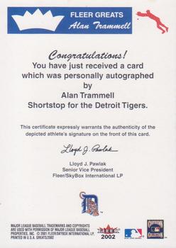 2002 Fleer Greats of the Game - Autographs #NNO Alan Trammell Back