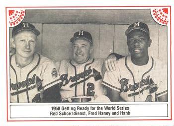 1983 ASA The Hank Aaron Story - Autographed Red Border #5 Hank Aaron / Red Schoendienst / Fred Haney Front