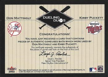 2002 Fleer Greats of the Game - Dueling Duos Game Used Double #NNO Kirby Puckett / Don Mattingly  Back