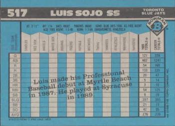 1990 Bowman #517 Luis Sojo Back