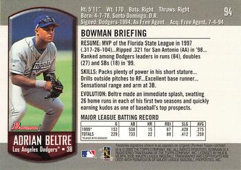 2000 Bowman #94 Adrian Beltre Back