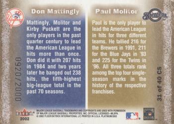 2002 Fleer Platinum - Cornerstones (Unnumbered) #NNO Paul Molitor / Don Mattingly  Back