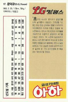 1992 Geumseong LG Twins #17 Deok-Kyu Yoon Back