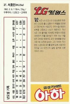 1992 Geumseong LG Twins #27 Hyo-In Seo Back