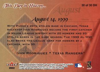 2002 Fleer Tradition - This Day in History #30 DH Ivan Rodriguez  Back