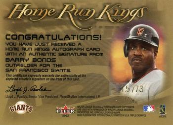 2002 Fleer Triple Crown - Home Run Kings Autographs #NNO Barry Bonds Back