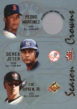 2002 Fleer Triple Crown - Season Crowns Game-Used #NNO Pedro Martinez / Derek Jeter / Cal Ripken Jr. Front